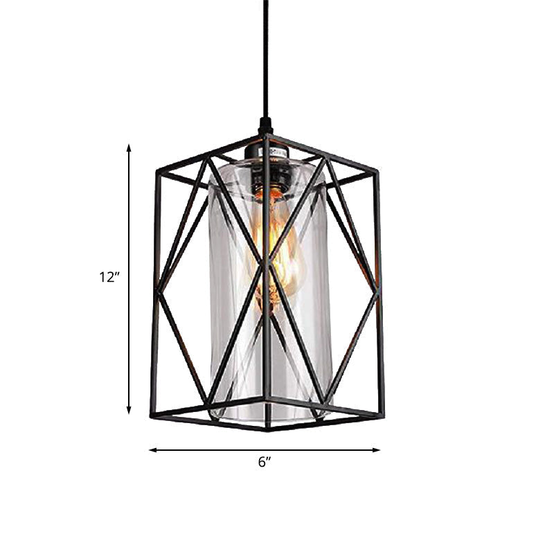 Plafonnier suspendu Farmhouse : cylindre noir avec verre/tissu transparent, à brancher pour le salon