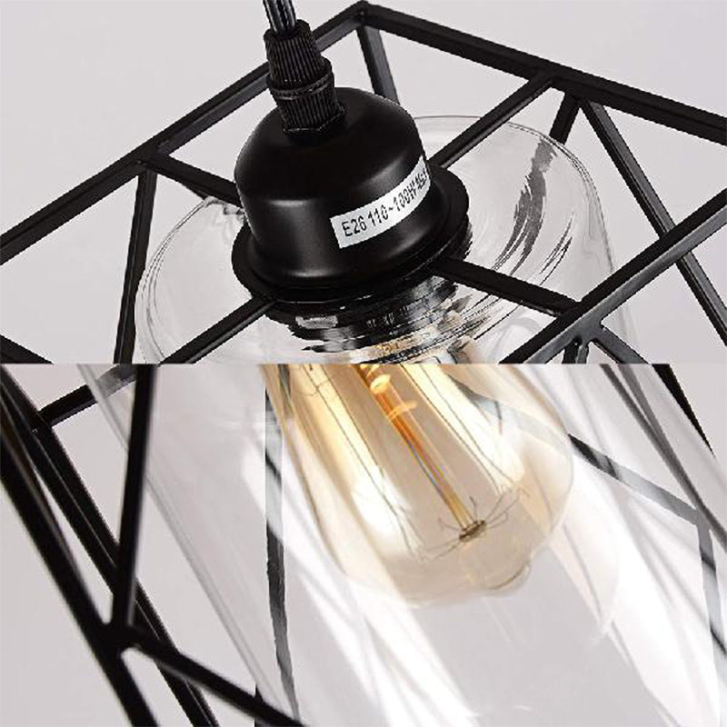 Plafonnier suspendu Farmhouse : cylindre noir avec verre/tissu transparent, à brancher pour le salon