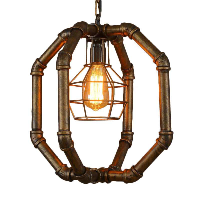 Lampe suspendue en métal de style ferme avec design de tuyau d'eau en laiton - Plafonnier de restaurant avec abat-jour en cage à dôme intérieur