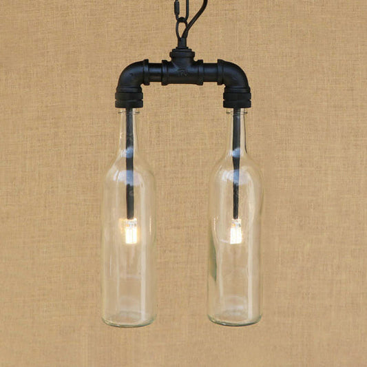 Clear/Blue Glass Pendant Light Bottle Shade - Industrial Style Ceiling Fixture (2/4/6 Lights) with Pipe Design in Black/Aged Brass