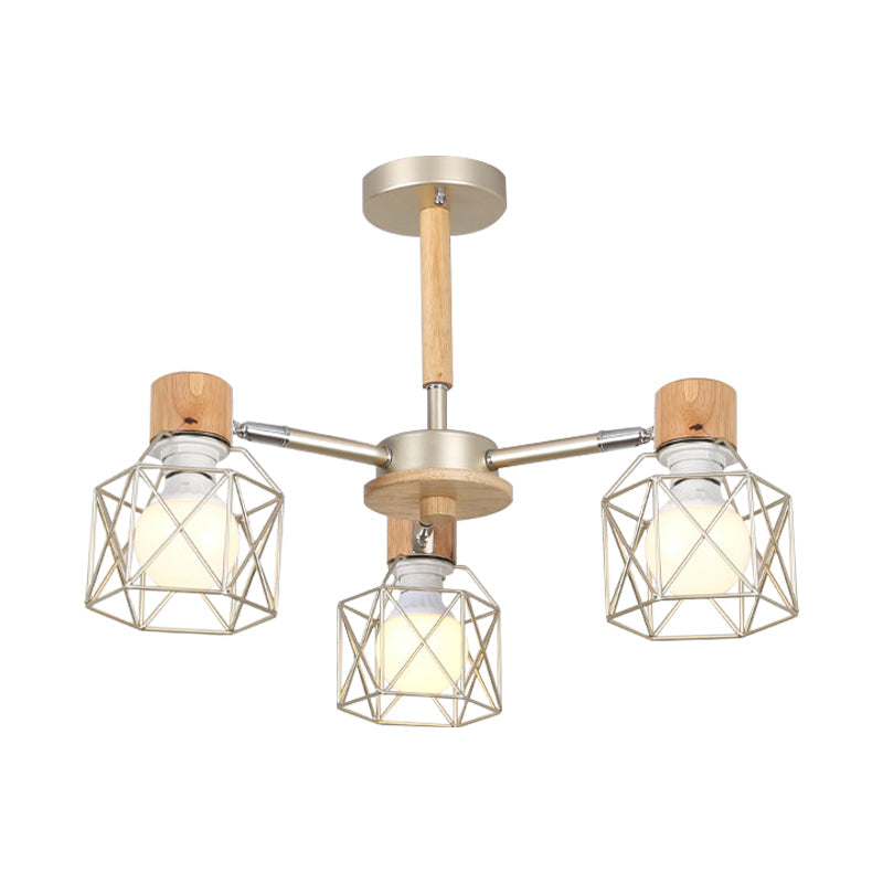 Nordic Iron Cage Semi-Flush Lamp with 3/6/8-Head Black/Green/Gold Pendant Lighting for Ceiling