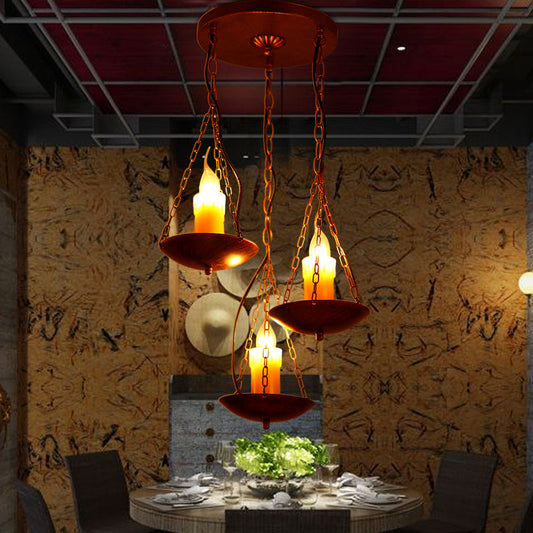 Vintage Three-Head Candle Ceiling Light In Rust For Coffee Shop - Black Metal Hanging Lamp