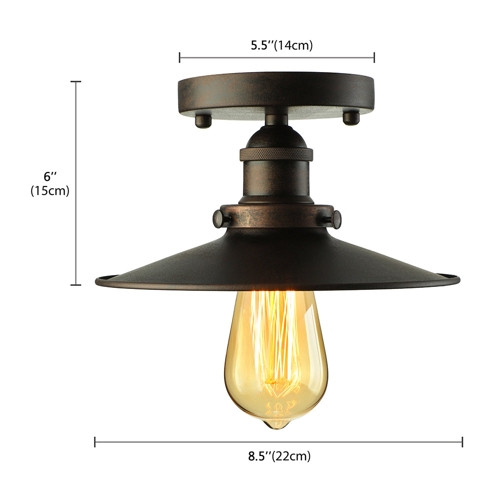 Retro Metallic Semi Flush Mount Ceiling Light - Black/Rust Cone Shade, 1 Head - Close to Ceiling Lighting for Balconies