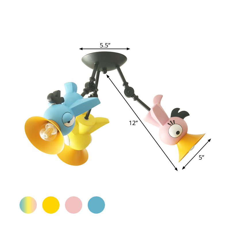 Plafonnier suspendu en forme d'oiseau de dessin animé pour chambre d'enfant - Luminaire suspendu en métal rose/bleu/jaune à 3 lumières