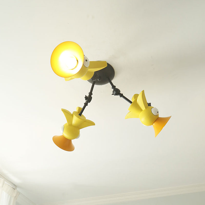 Plafonnier suspendu en forme d'oiseau de dessin animé pour chambre d'enfant - Luminaire suspendu en métal rose/bleu/jaune à 3 lumières