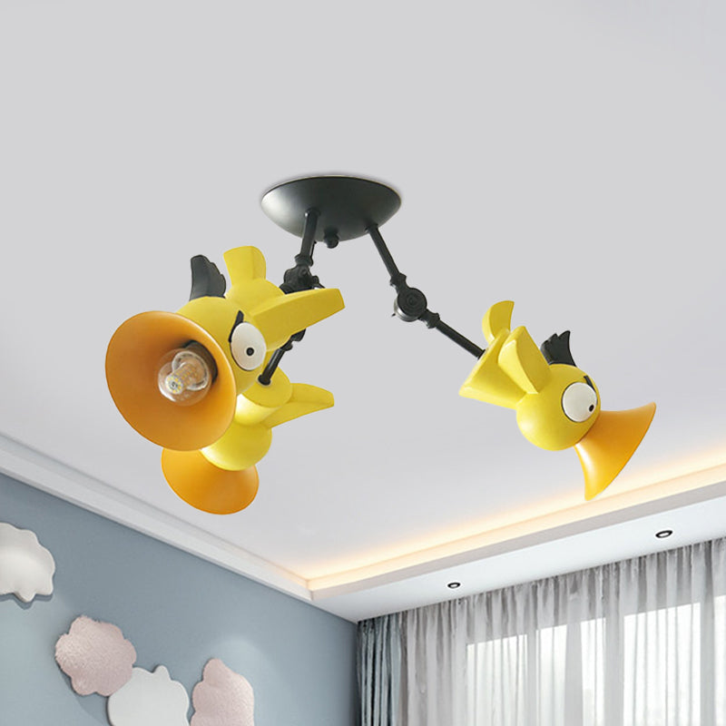 Plafonnier suspendu en forme d'oiseau de dessin animé pour chambre d'enfant - Luminaire suspendu en métal rose/bleu/jaune à 3 lumières