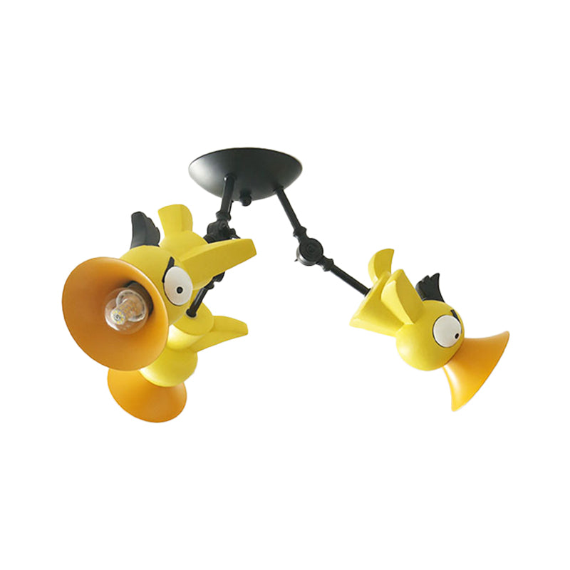 Plafonnier suspendu en forme d'oiseau de dessin animé pour chambre d'enfant - Luminaire suspendu en métal rose/bleu/jaune à 3 lumières