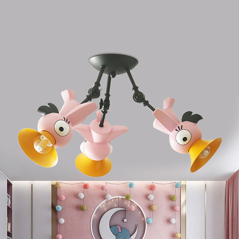 Plafonnier suspendu en forme d'oiseau de dessin animé pour chambre d'enfant - Luminaire suspendu en métal rose/bleu/jaune à 3 lumières