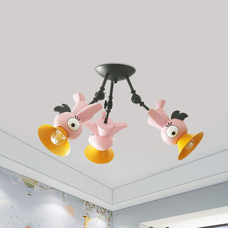 Plafonnier suspendu en forme d'oiseau de dessin animé pour chambre d'enfant - Luminaire suspendu en métal rose/bleu/jaune à 3 lumières
