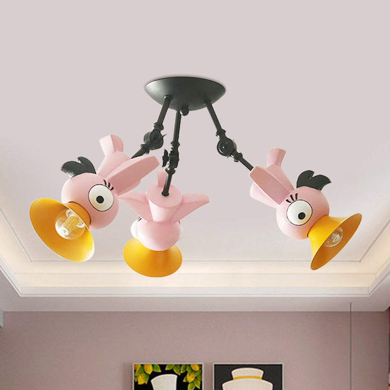 Plafonnier suspendu en forme d'oiseau de dessin animé pour chambre d'enfant - Luminaire suspendu en métal rose/bleu/jaune à 3 lumières
