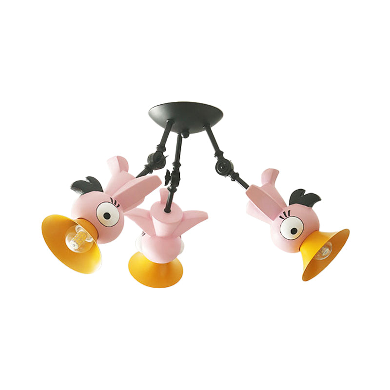 Plafonnier suspendu en forme d'oiseau de dessin animé pour chambre d'enfant - Luminaire suspendu en métal rose/bleu/jaune à 3 lumières
