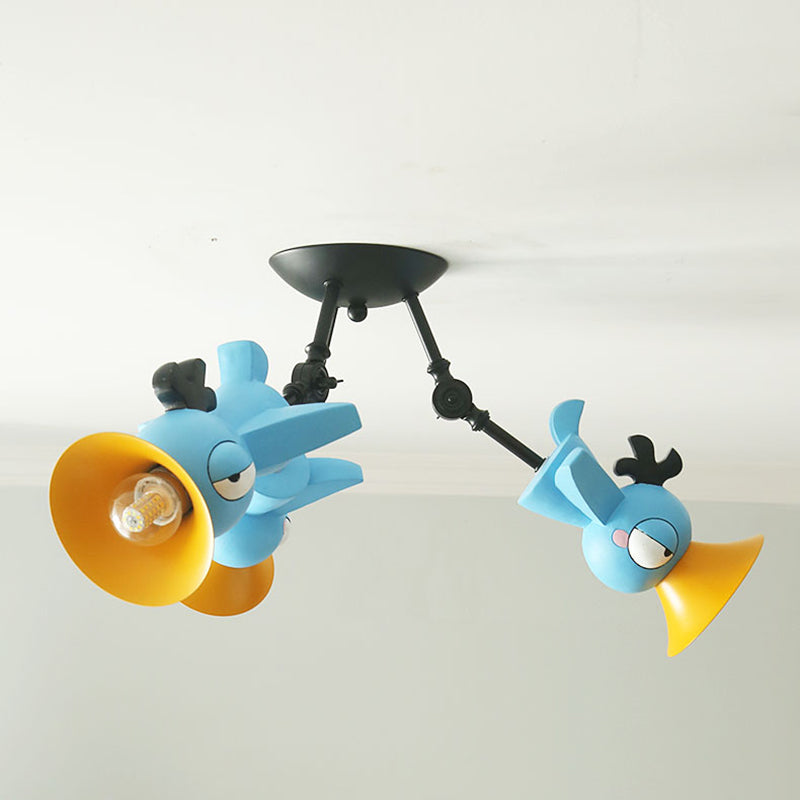 Plafonnier suspendu en forme d'oiseau de dessin animé pour chambre d'enfant - Luminaire suspendu en métal rose/bleu/jaune à 3 lumières