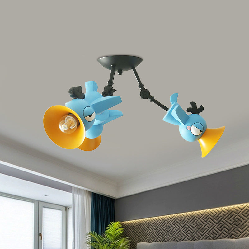 Plafonnier suspendu en forme d'oiseau de dessin animé pour chambre d'enfant - Luminaire suspendu en métal rose/bleu/jaune à 3 lumières
