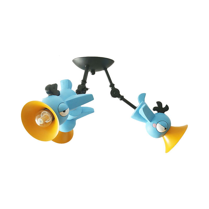 Plafonnier suspendu en forme d'oiseau de dessin animé pour chambre d'enfant - Luminaire suspendu en métal rose/bleu/jaune à 3 lumières