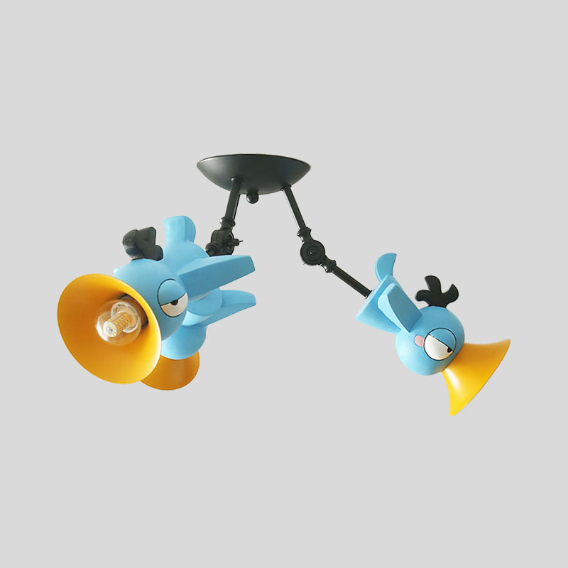 Plafonnier suspendu en forme d'oiseau de dessin animé pour chambre d'enfant - Luminaire suspendu en métal rose/bleu/jaune à 3 lumières