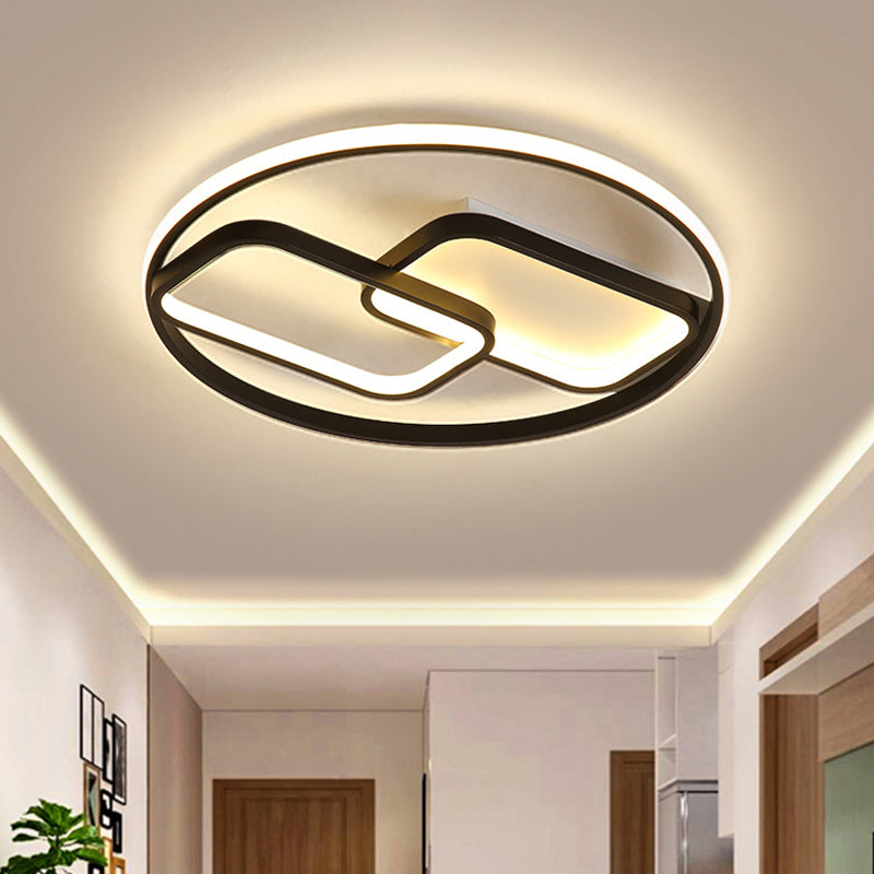 Nordic Style Metal Flush Mount Lamp - Ring and Rectangle Design, LED Black Ceiling Light (16.5"/20.5"W), Warm/White Light