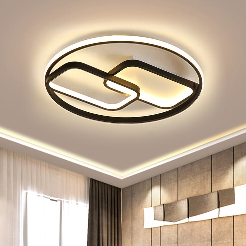 Nordic Style Metal Flush Mount Lamp - Ring and Rectangle Design, LED Black Ceiling Light (16.5"/20.5"W), Warm/White Light