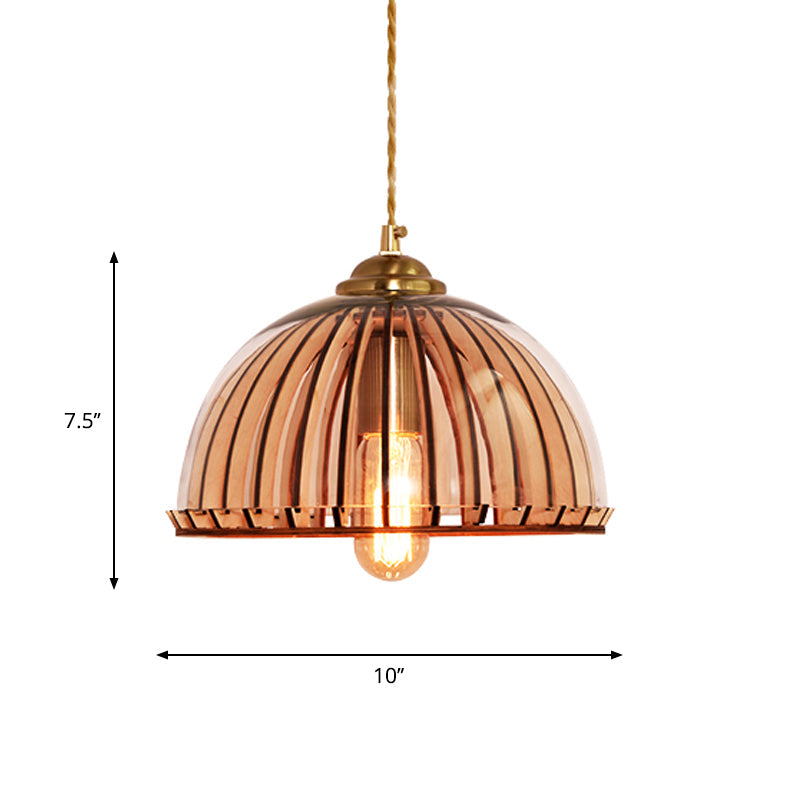 Amber Glass Industrial Hanging Lamp with Gold Suspension – Single Bulb | Capsule/Dome Dining Room Pendant Light