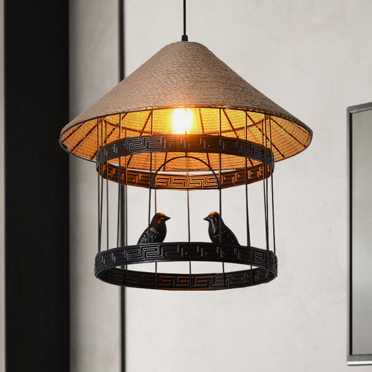 Lampe à suspension en forme de cage à oiseaux en métal noir antique avec abat-jour conique en corde