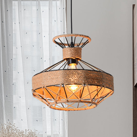 Lampe à suspension traditionnelle beige à 1 lumière en corde : design de cage à grenade pour l'éclairage du plafond de la salle à manger