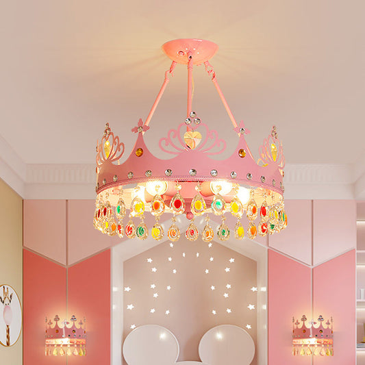 Modern Metal Crown Chandelier - 5-Light Pink/Gold Nursery Hanging Light Fixture Pink
