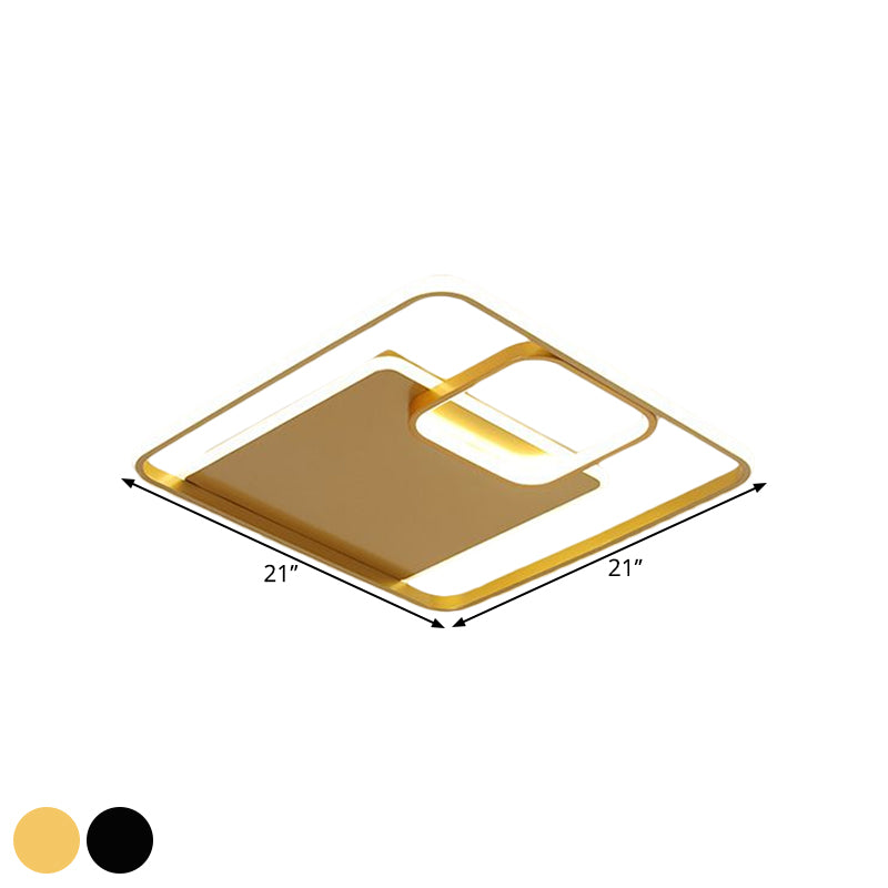 Minimalist Iron Black/Gold LED Ceiling Fixture - Square Flush Mount Lighting in Warm/White Light, 17"/21" Width