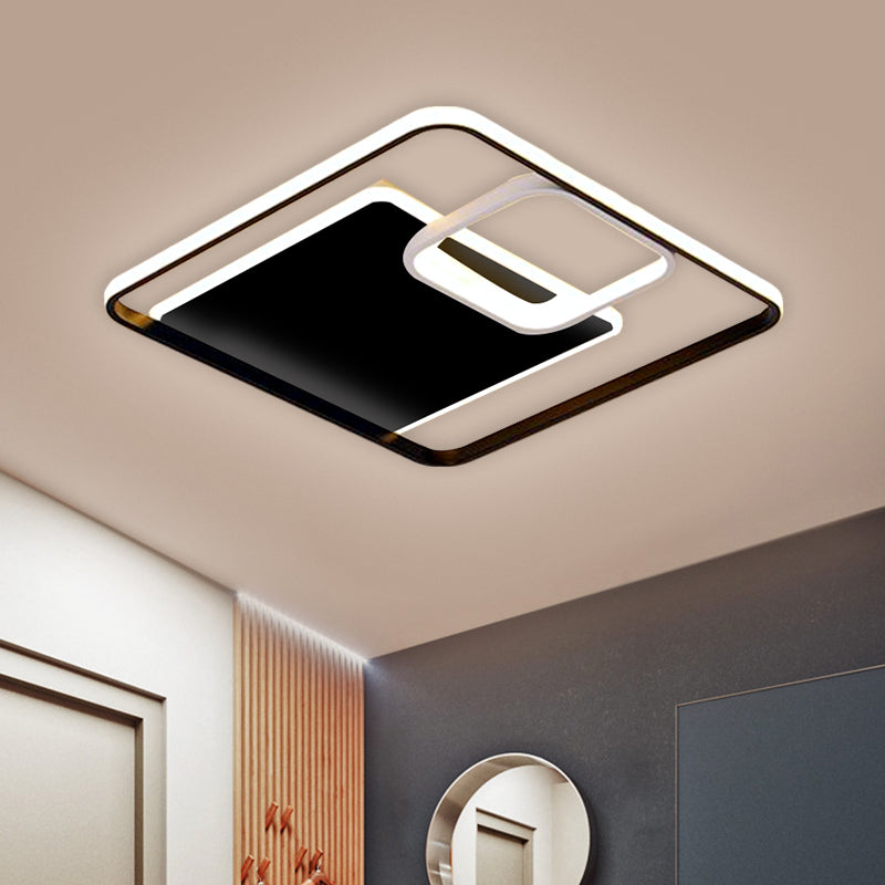 Minimalist Iron Black/Gold LED Ceiling Fixture - Square Flush Mount Lighting in Warm/White Light, 17"/21" Width