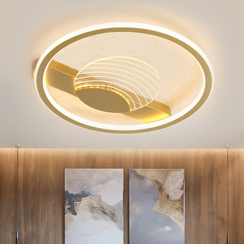 Modern Minimalistic Ceiling Lamp: Metallic Circle and Line Design, LED Flush Mount Fixture for Bedroom, 16"/19.5" Diameter, Black/Gold with Warm/White Light