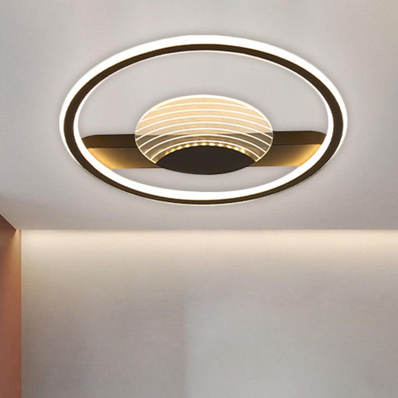 Modern Minimalistic Ceiling Lamp: Metallic Circle and Line Design, LED Flush Mount Fixture for Bedroom, 16"/19.5" Diameter, Black/Gold with Warm/White Light