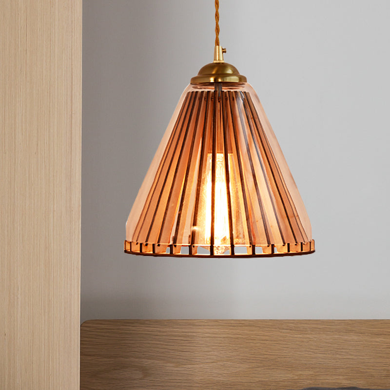 Farmhouse Style Gold Pendant Lamp With Amber Glass Cone And Stranded Rope /