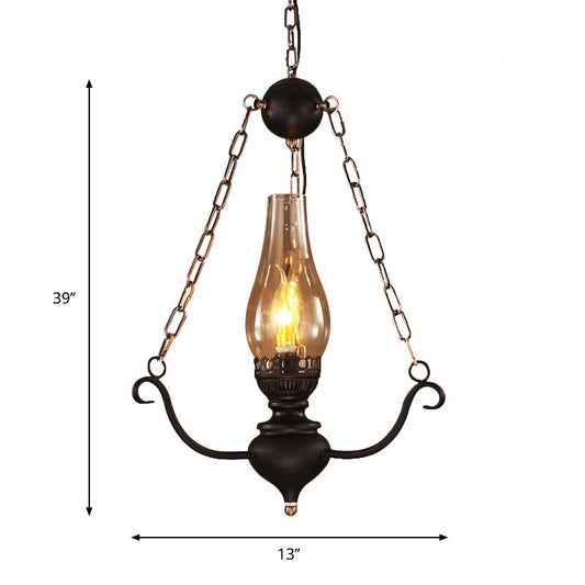1-Head Farmhouse Pendant Lamp Kit with Chain Decor – Clear Glass, Elongated Design, Black Finish