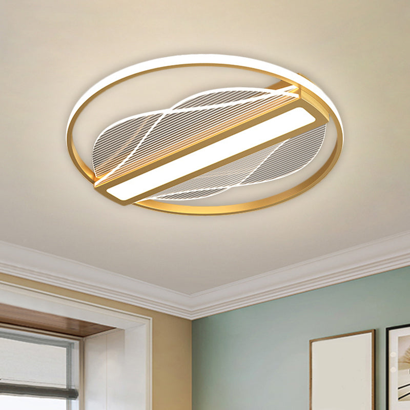 Modern Metallic Circular LED Flush Mount - Inner Bar Design, Warm/White Light, 18"/21.5" Width