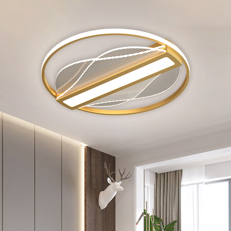 Modern Metallic Circular LED Flush Mount - Inner Bar Design, Warm/White Light, 18"/21.5" Width