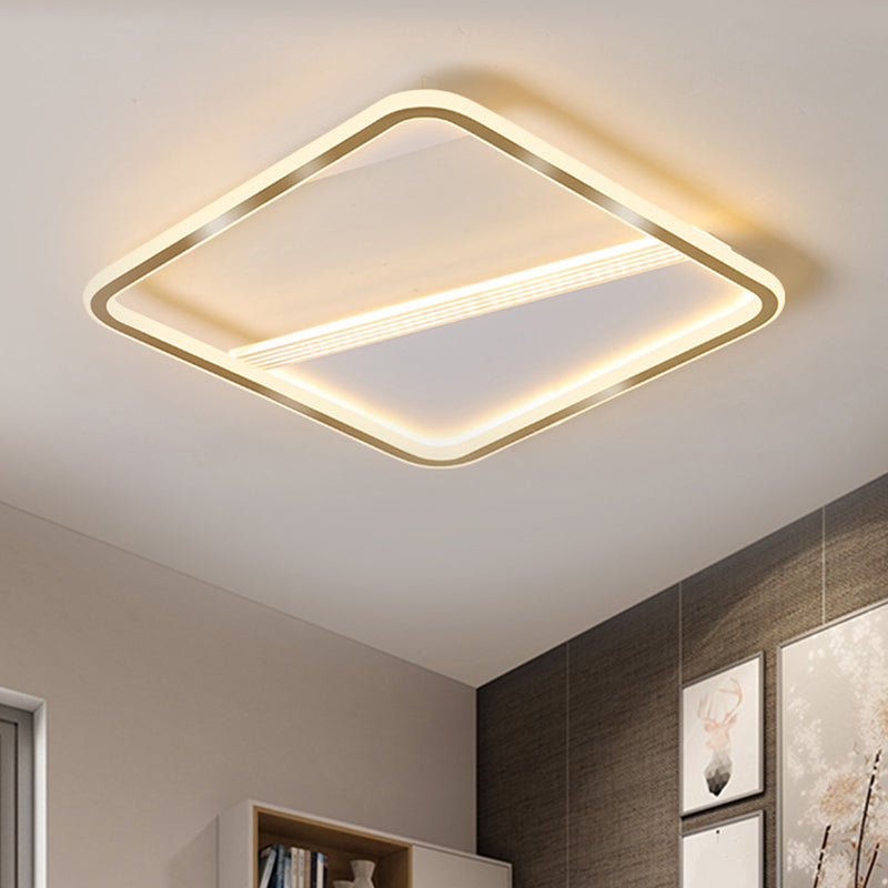 Minimal LED Flush Mount Ceiling Lamp - Gold Square, 18"/21.5" Width, Warm/White Light