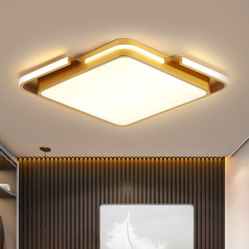 Modernist LED Gold Square Ceiling Fixture- Flush Mount Metal Lighting in Warm/White Light