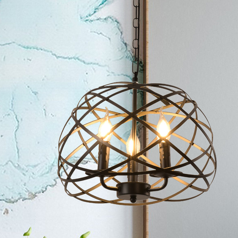 Lustre antique en forme de nid d'oiseau avec abat-jour en forme de chandelier - Suspension à 3 ampoules en métal noir