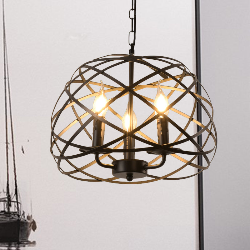 Lustre antique en forme de nid d'oiseau avec abat-jour en forme de chandelier - Suspension à 3 ampoules en métal noir