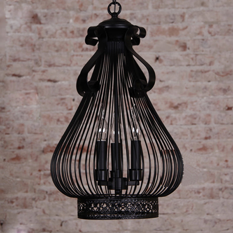 Lustre suspendu en métal noir en forme de gourde - Kit de lampe suspendue à 3 lumières de style loft