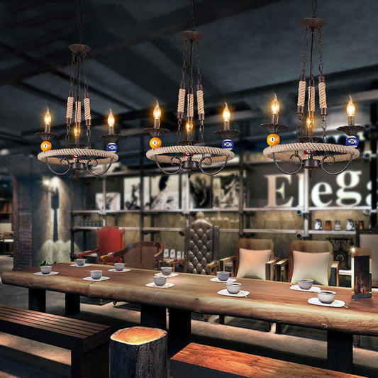 Industrial Metal Hanging Lamp: Roped Ring Bar, 3/6 Lights, Rust Chandelier with Billiard Ball Decoration