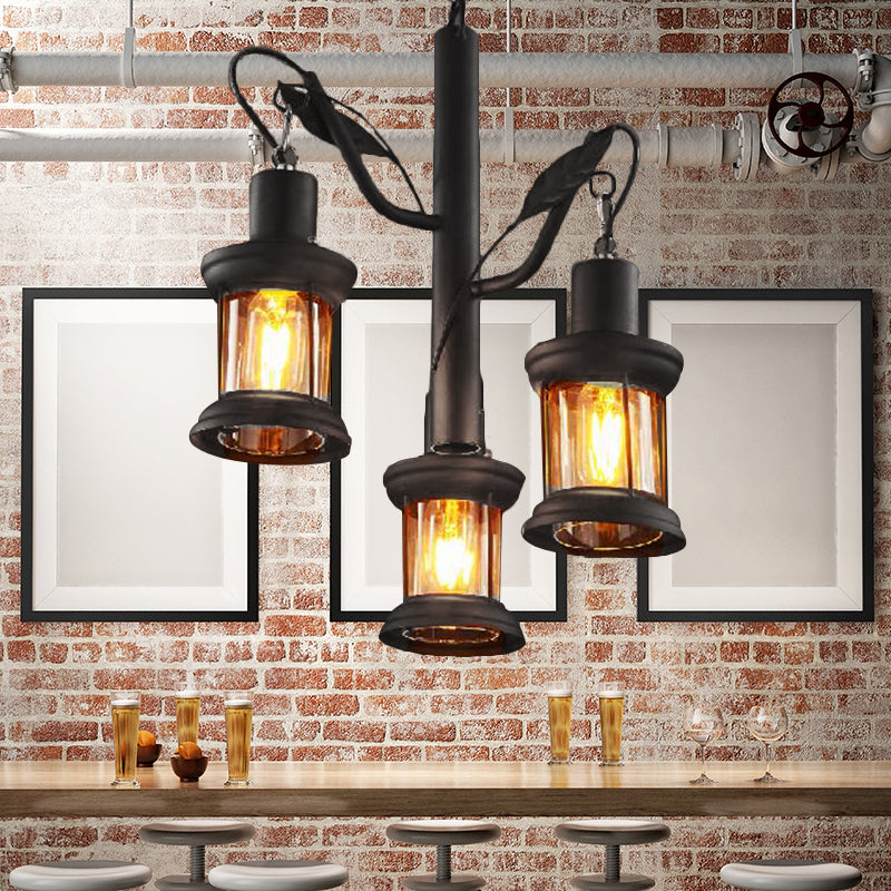 Lustre suspendu Coastal Lantern - Plafonnier à 3 lumières avec verre transparent en noir
