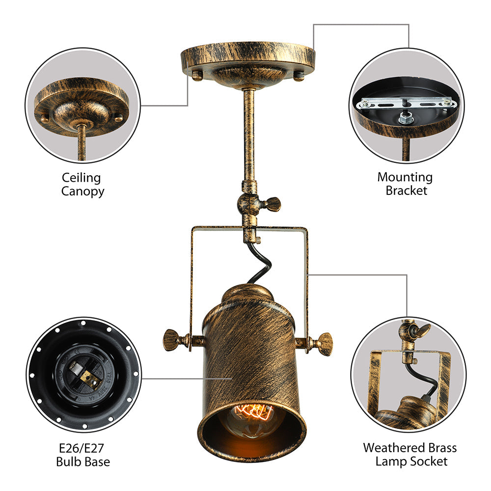 Vintage Style Bronze/Gold Finish Semi Flush Mount Ceiling Light with Cylindrical Shade – Ideal for Restaurants
