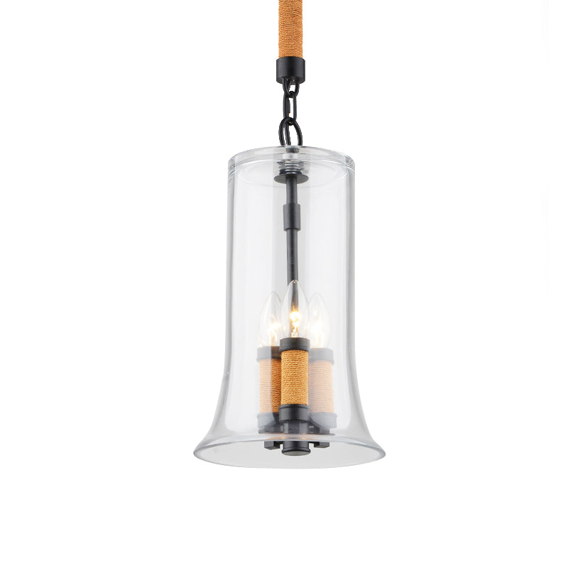 Black Round Glass Candle Chandeliers - 3-Light Industrial Lighting For Coffee Shop