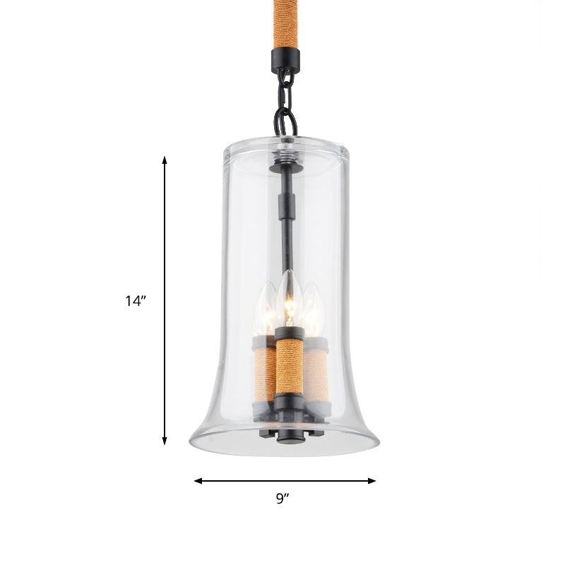 Black Round Glass Candle Chandeliers - 3-Light Industrial Lighting For Coffee Shop