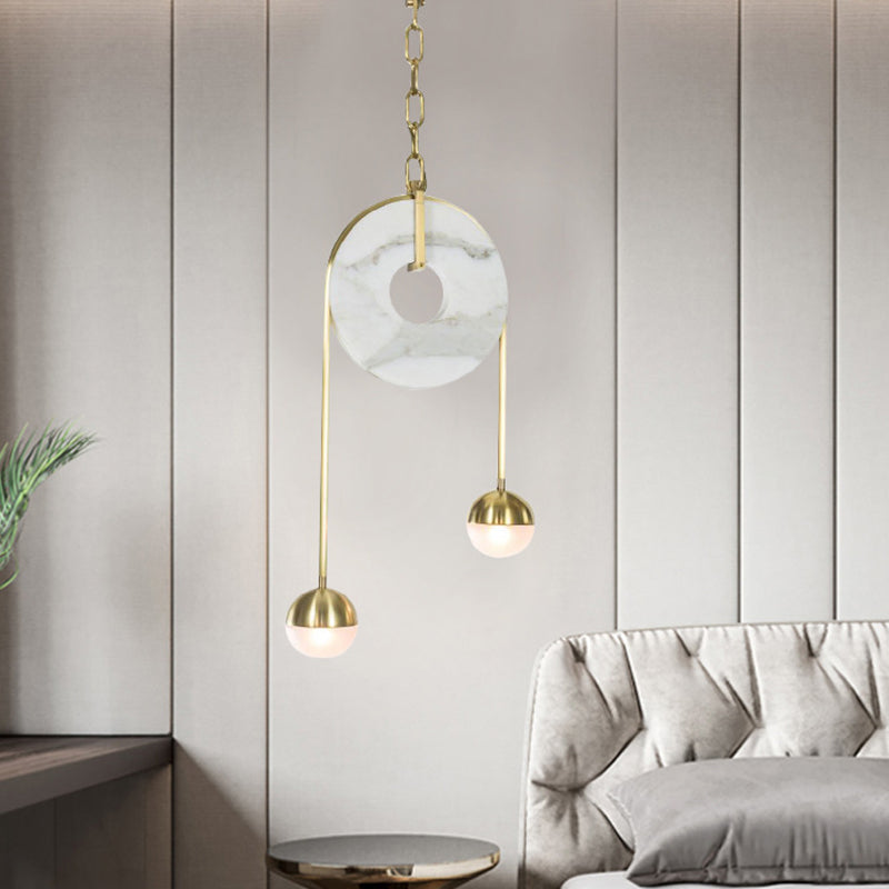 Modern Gold Pendant Light With 2 Lights White Glass Shade Led Hanging Lamp