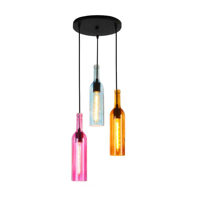 Lampe suspendue industrielle en verre à 3/5 têtes pour bouteilles de vin pour restaurants - Lampe suspendue noire avec auvent rond/linéaire