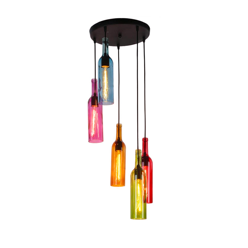 Lampe suspendue industrielle en verre à 3/5 têtes pour bouteilles de vin pour restaurants - Lampe suspendue noire avec auvent rond/linéaire