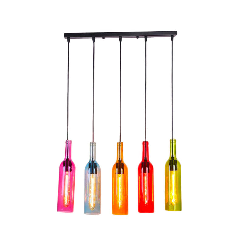 Lampe suspendue industrielle en verre à 3/5 têtes pour bouteilles de vin pour restaurants - Lampe suspendue noire avec auvent rond/linéaire