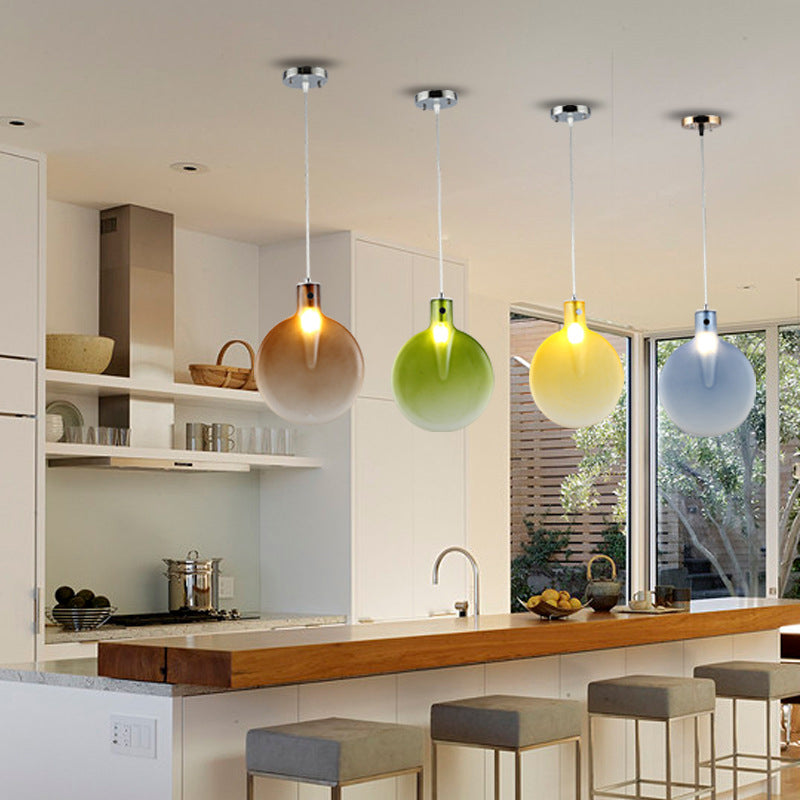 Nordic Glass Suspension Pendant - 1 Light Sliver Ball Hanging Ceiling In Brown/Green/Yellow For