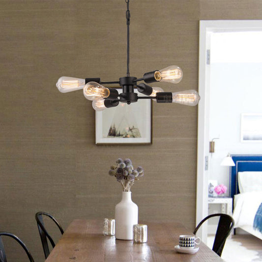 Antique Style Black Metal Chandelier with 6 Exposed Bulb Heads - Table Pendant Lamp