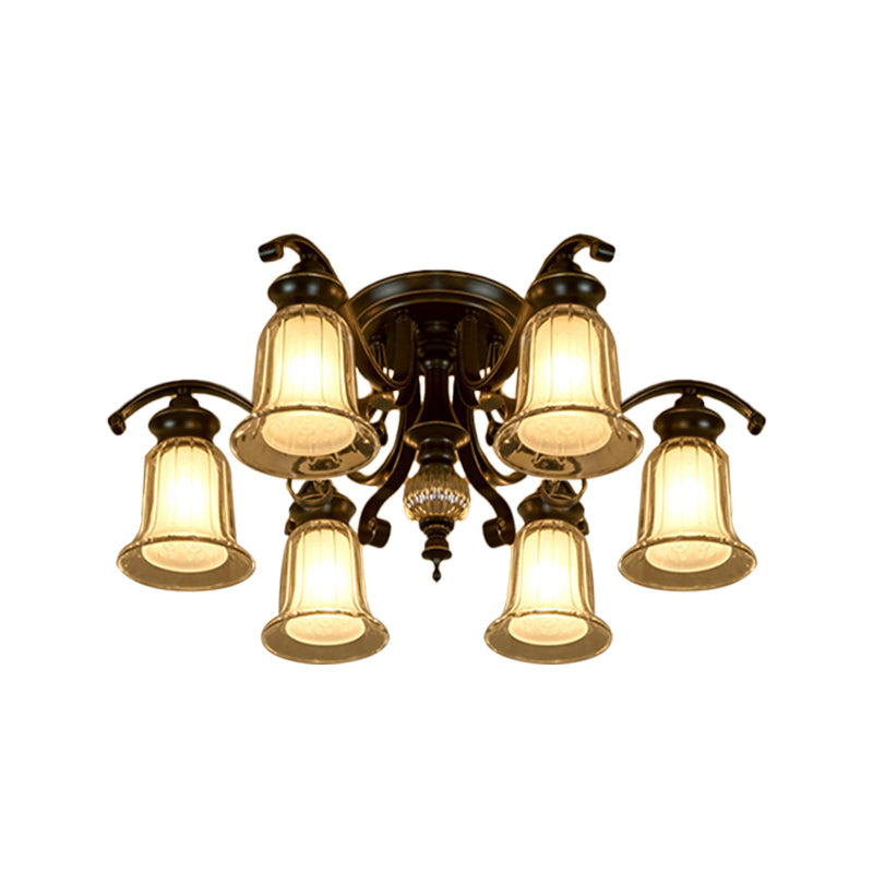 Dual Bell Clear & Opal Glass Semi Flush Mount - 3/6 Bulbs Ceiling Fixture Cottage Black
